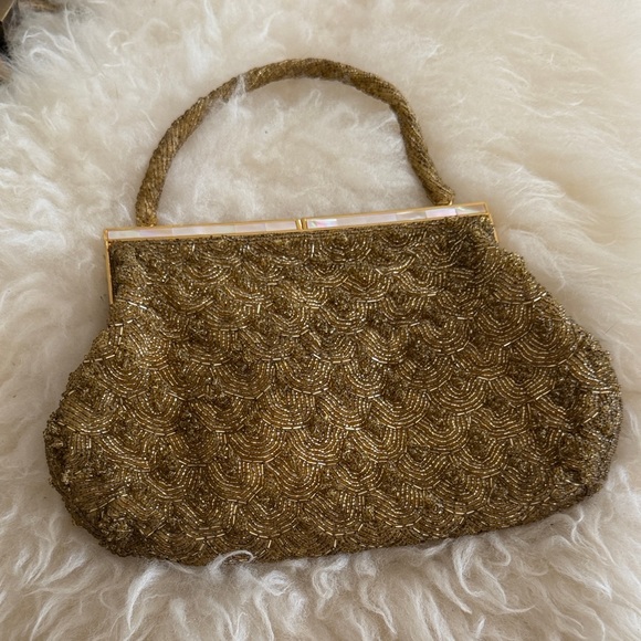 Vintage Handbags - Vintage Gold Beaded Evening Clutch with Top Handle & Mother-of-pearl inlay snap